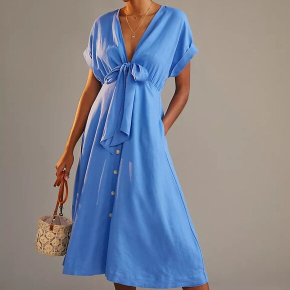 NWT - Maeve by Anthropologie Linen Blend Blue Midi Dress with Tie Front - Picture 10 of 13